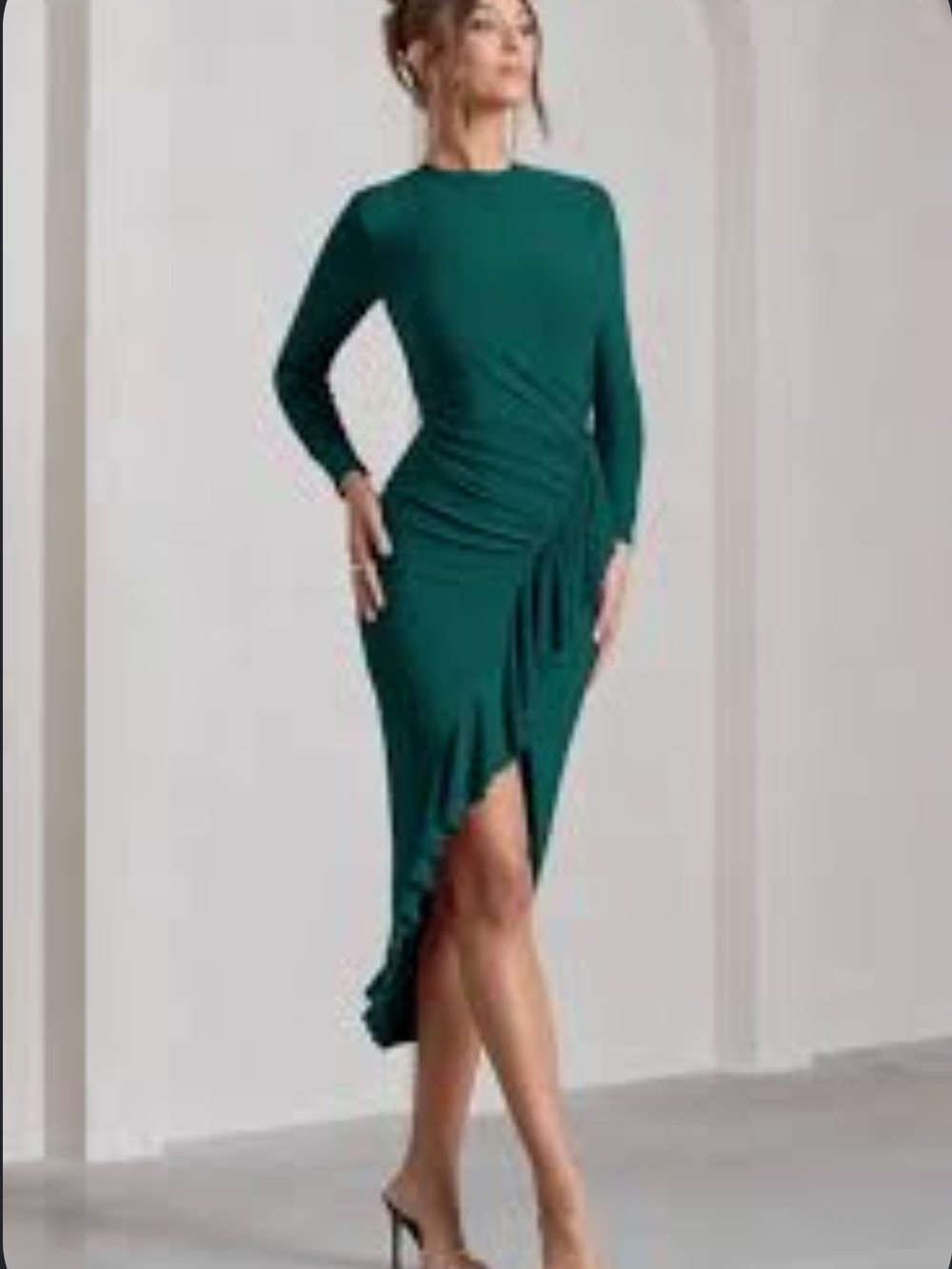 Dolce Vita | Bottle Green Long-Sleeve Ruffle Asymmetric Split Midi Dress - Picture 3 of 5